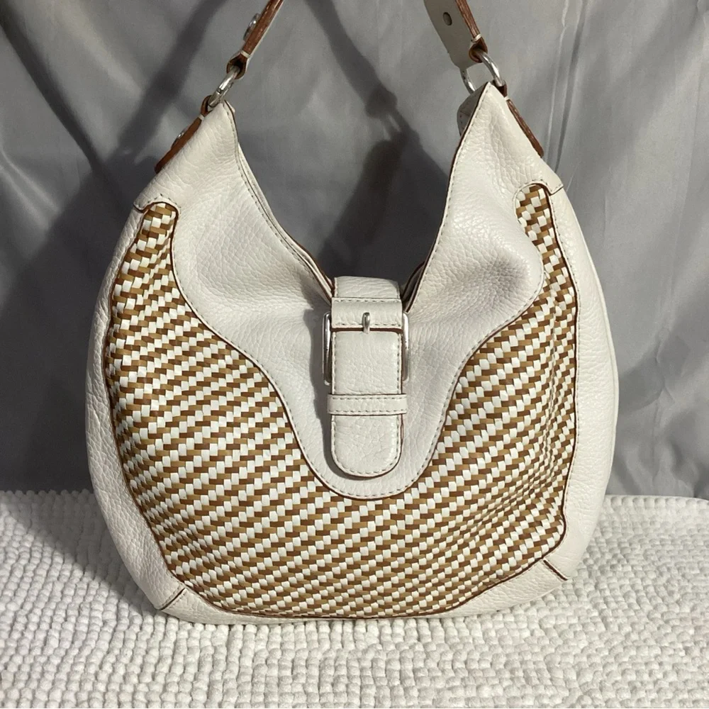 Michael Kors White Tan Woven Leather Hobo Shoulder Bag